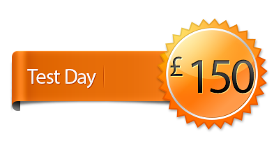 Banner for test day driving lesson bookings with a price of £150